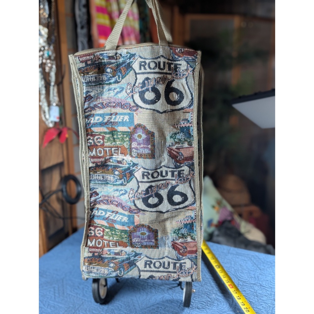 Route 66 Tapestry Rolling Shopping Bag Collapsible Tote Cart Americana ~23"
